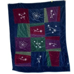 Boho Velvet Patchwork Embroidered Throw Blanket Colorblock Floral 49x60 FLAWS
